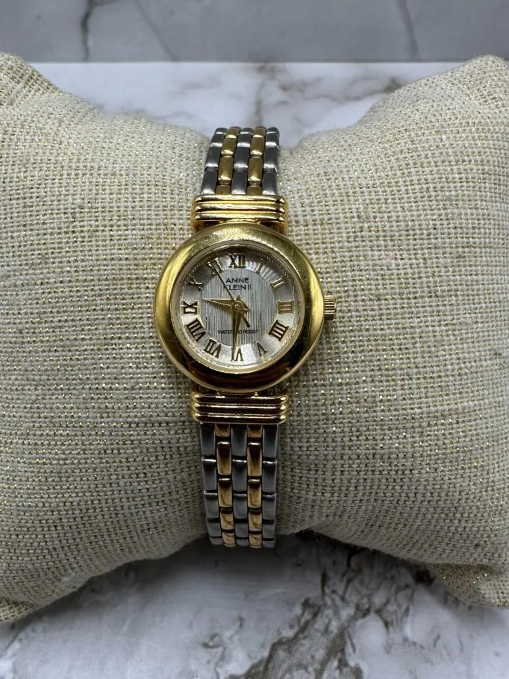 3/$30 Anne Klein Watch Women Silver Gold Two Tone Roman Numeral Dial Works 6.75